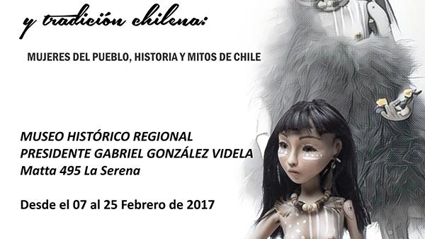 Afiche exposición muñecas de porcelana articuladas Exposición "Rayen Artdolls, personajes del imaginario y tradición chilena: mujeres del pueblo, mistoria y mitos de Chile" en el Museo Histórico Regional Gabriel González Videla