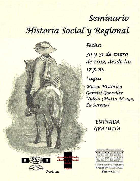 Afiche promocional del evento "I Seminario de Historia Social y Regional" en el Museo González Videla